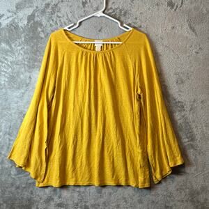 Chicos Women's Shirt Sz 2 Large Bell Sleeve Yellow Linen Blend Pleated New
